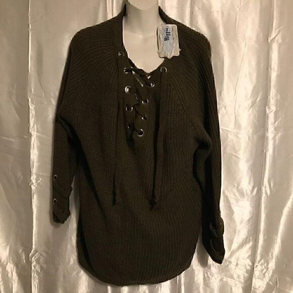 Military Hippe Lace Up V-neck Neck Green Knit Sweater one size - Picture 5 of 14